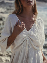 Gaia Drawstring Mini Dress - Natural With Gold Stripes