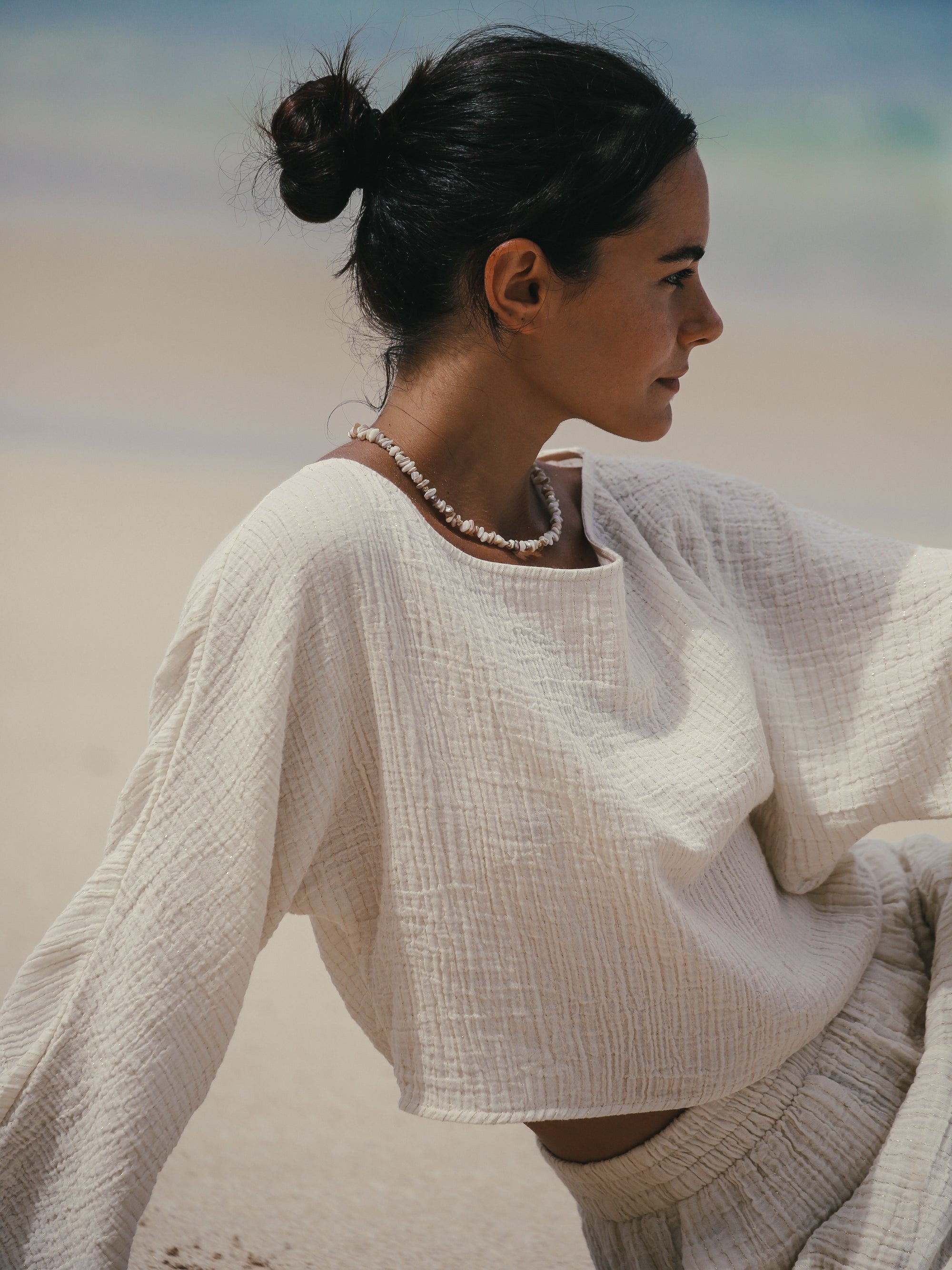 Echo Crop Top - Natural With Gold Stripes