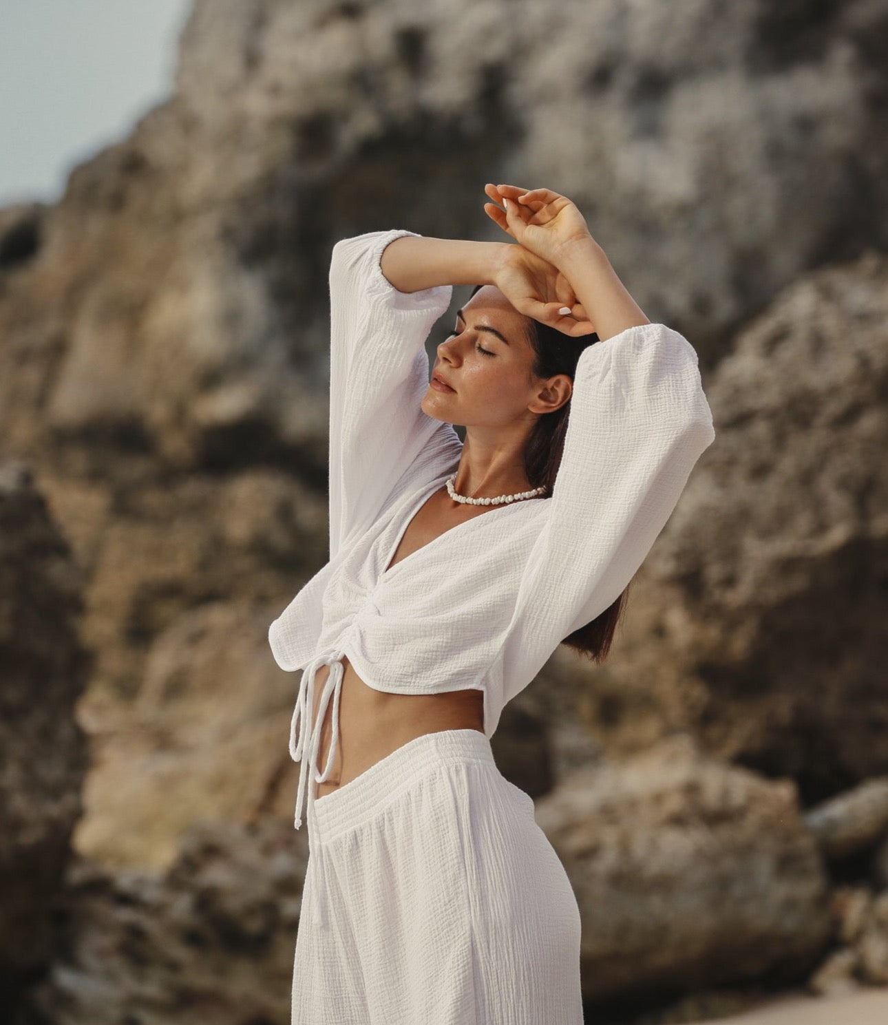 Gaia Drawstring Crop Top - White