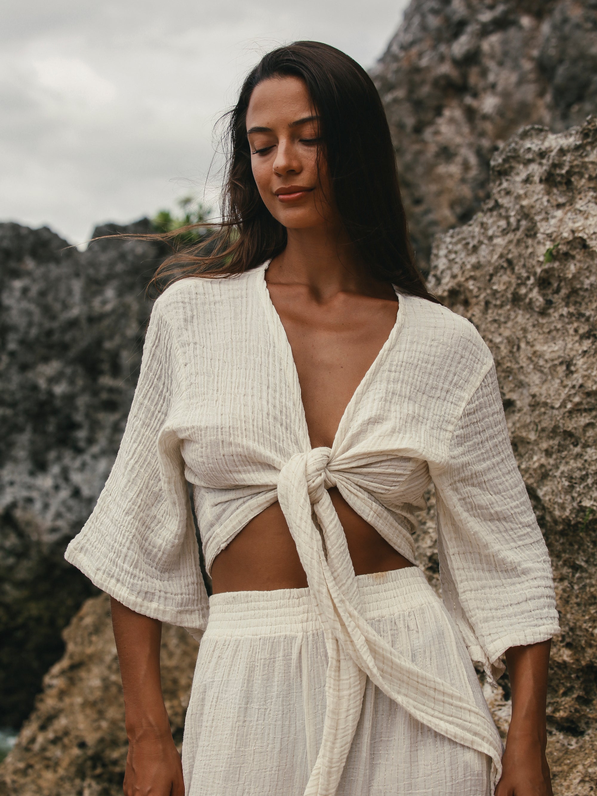 Bali Wrap Top - Natural With Gold Stripes