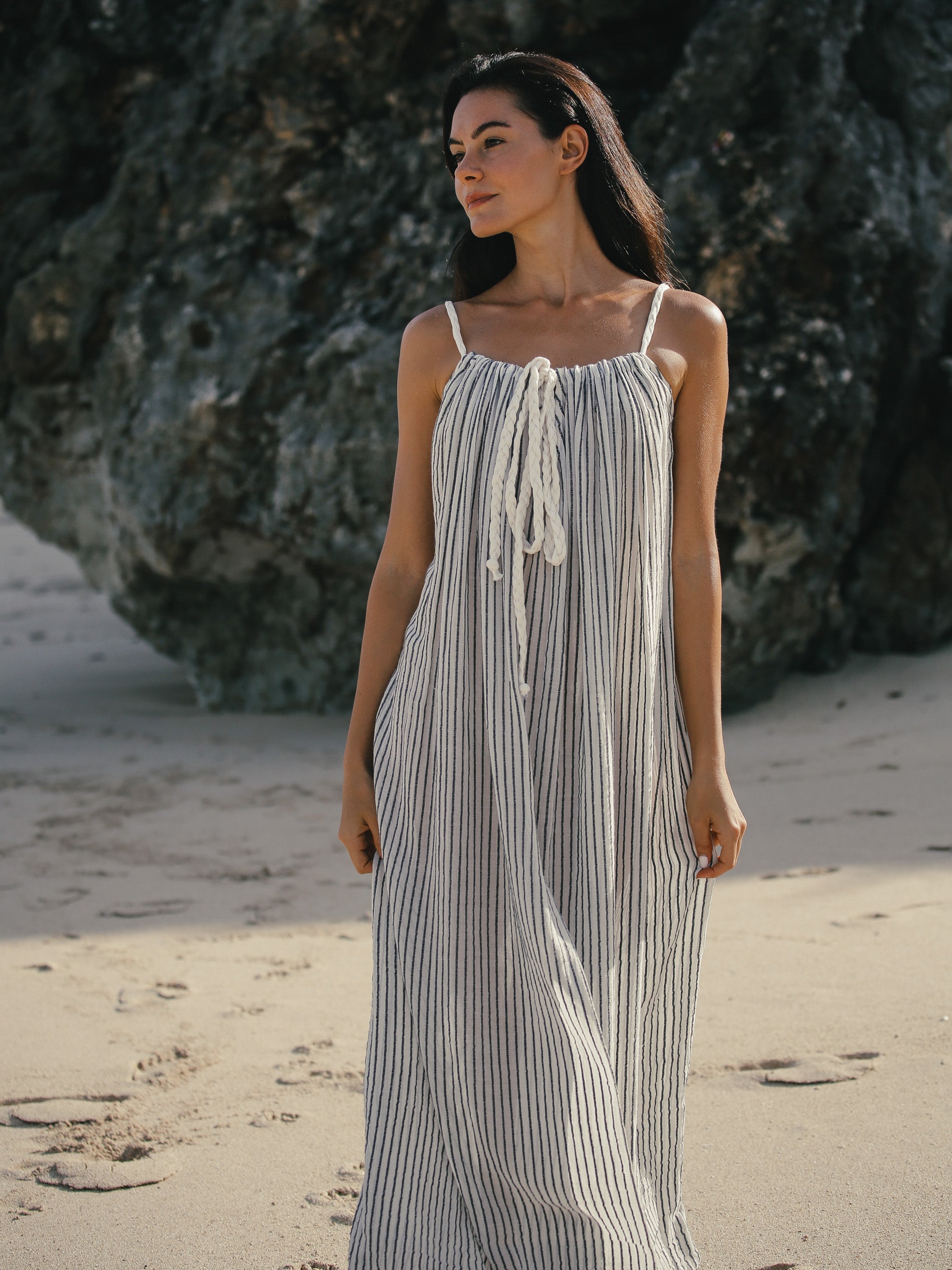 Breeze Beach Dress - Black Stripes