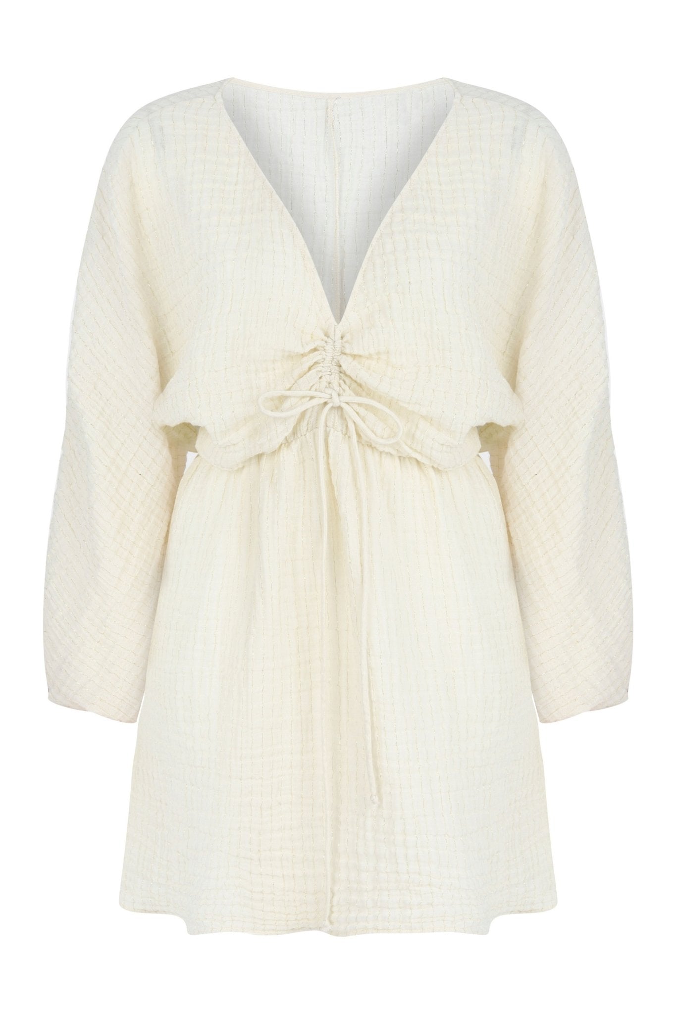 Gaia Drawstring Mini Dress Natural With Gold Stripes - The Handloom