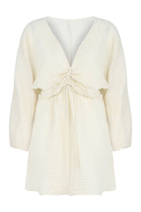 Gaia Drawstring Mini Dress Natural With Gold Stripes - The Handloom
